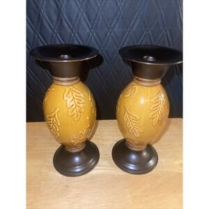 Retired‎ Target Pair of Amber Leaf Embossed Ceramic Candle Holders Pillar Taper